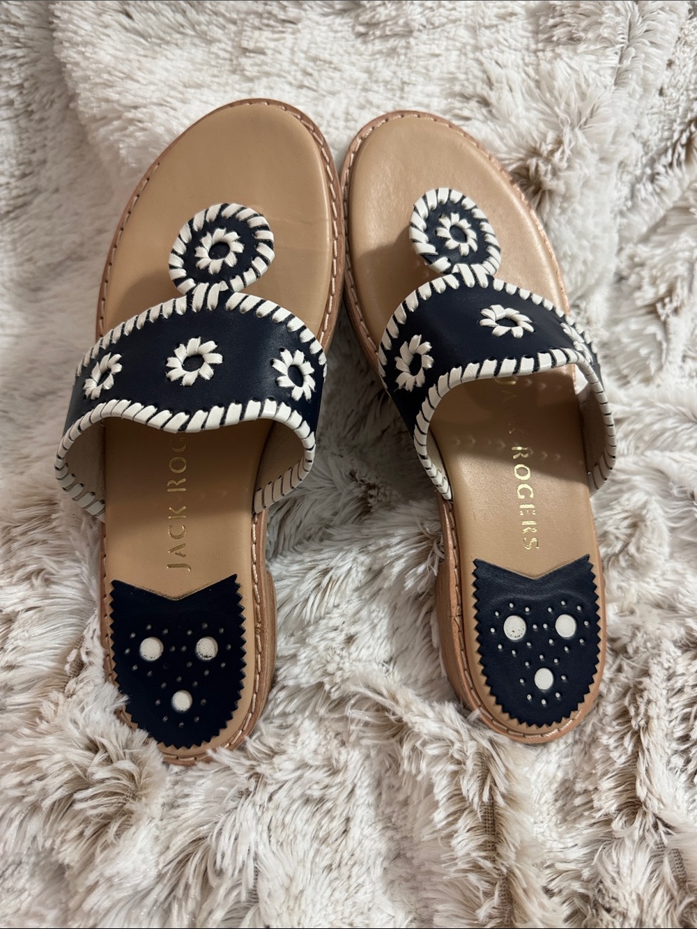 Jack Rogers Navy and White Whipstitch Slide Sandals